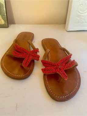 Mystique Women’s Red Coral Beaded Starfish Leather Thong Sandals. 7.5